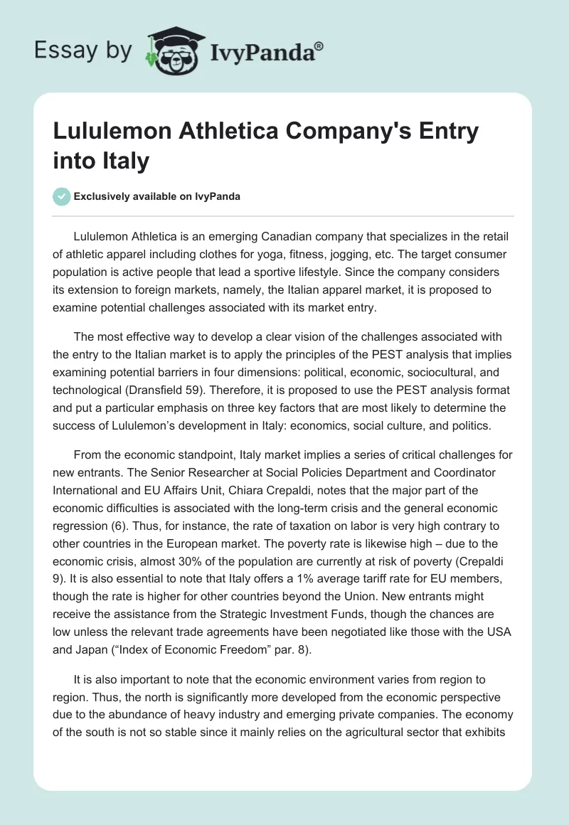 Lululemon Athletica Company's Entry into Italy. Page 1