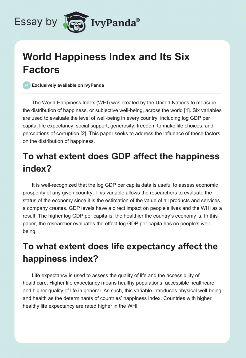 World Happiness Index and Its Six Factors. Page 1