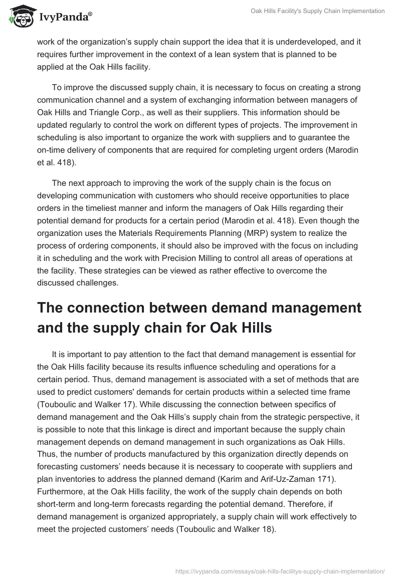 Oak Hills Facility's Supply Chain Implementation. Page 3