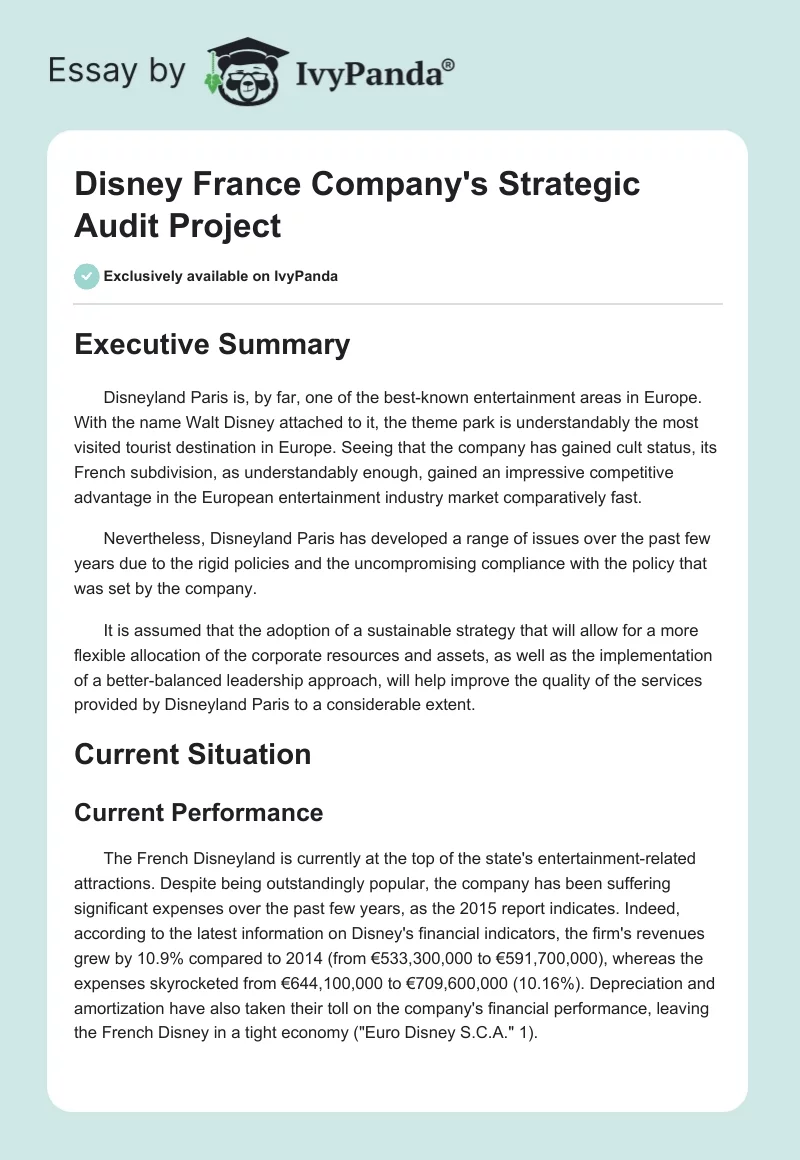 Disney France Company's Strategic Audit Project. Page 1
