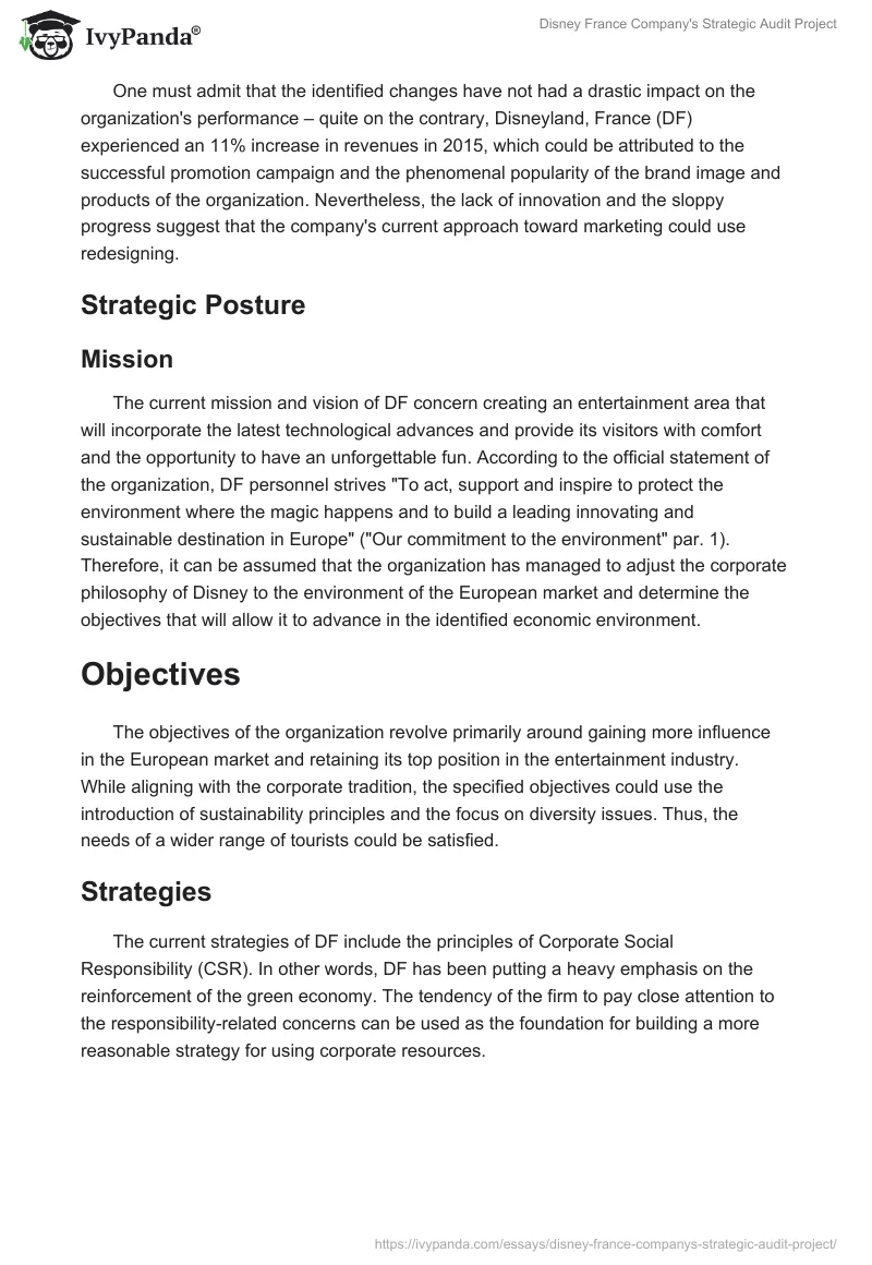 Disney France Company's Strategic Audit Project. Page 2