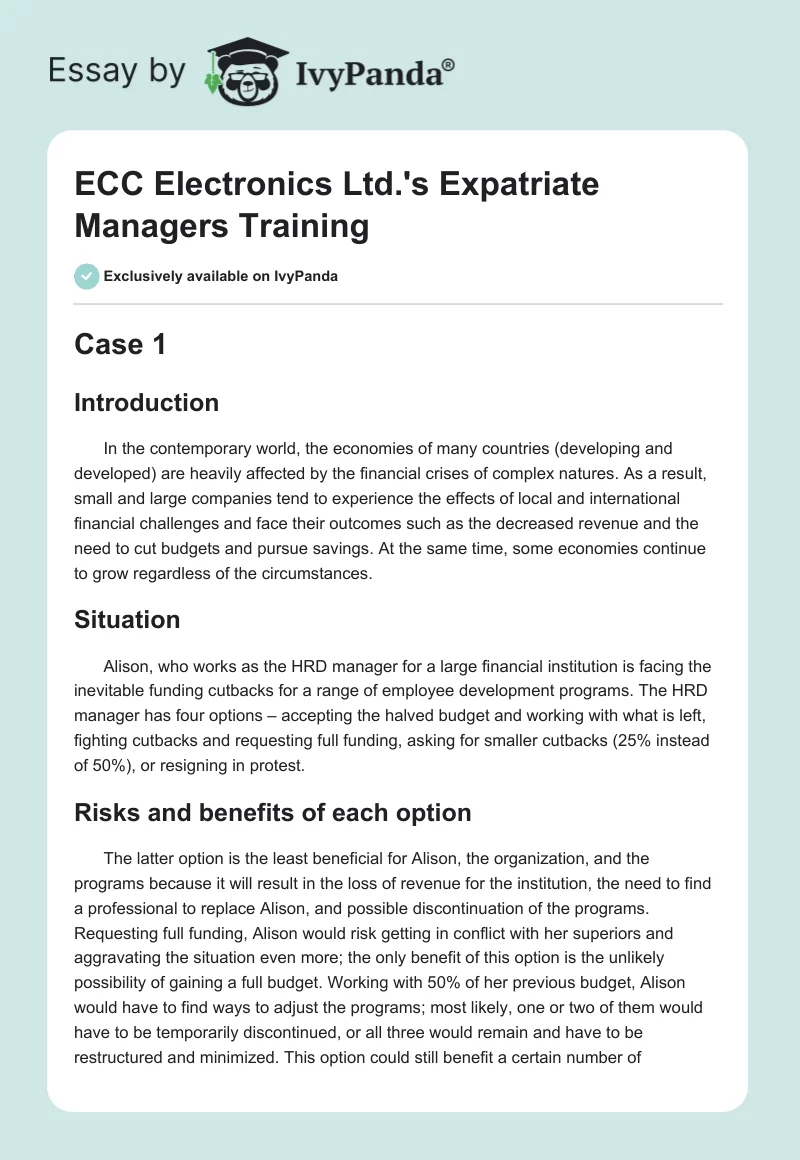 ECC Electronics Ltd.'s Expatriate Managers Training. Page 1