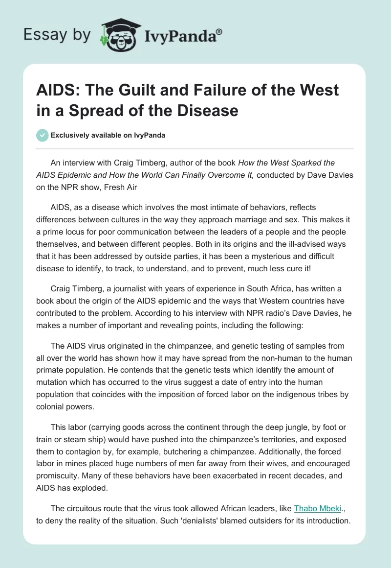 AIDS: The Guilt and Failure of the West in a Spread of the Disease. Page 1