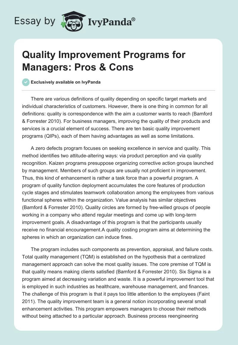 Quality Improvement Programs for Managers: Pros & Cons. Page 1