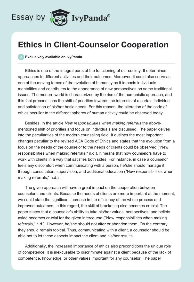 Ethics in Client-Counselor Cooperation. Page 1