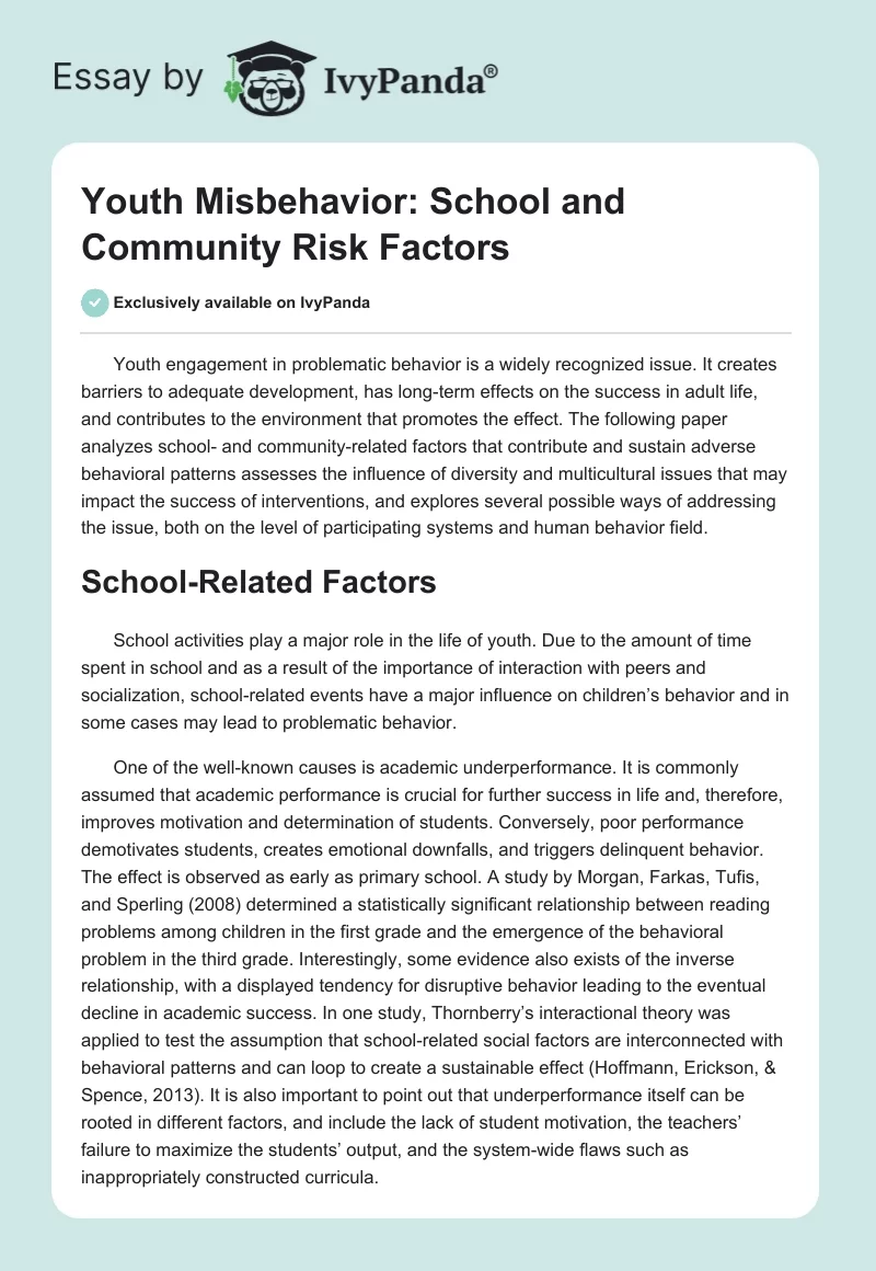 Youth Misbehavior: School and Community Risk Factors. Page 1