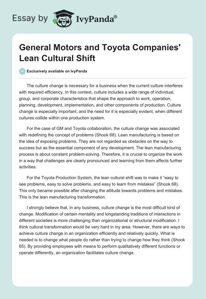 General Motors and Toyota Companies' Lean Cultural Shift. Page 1