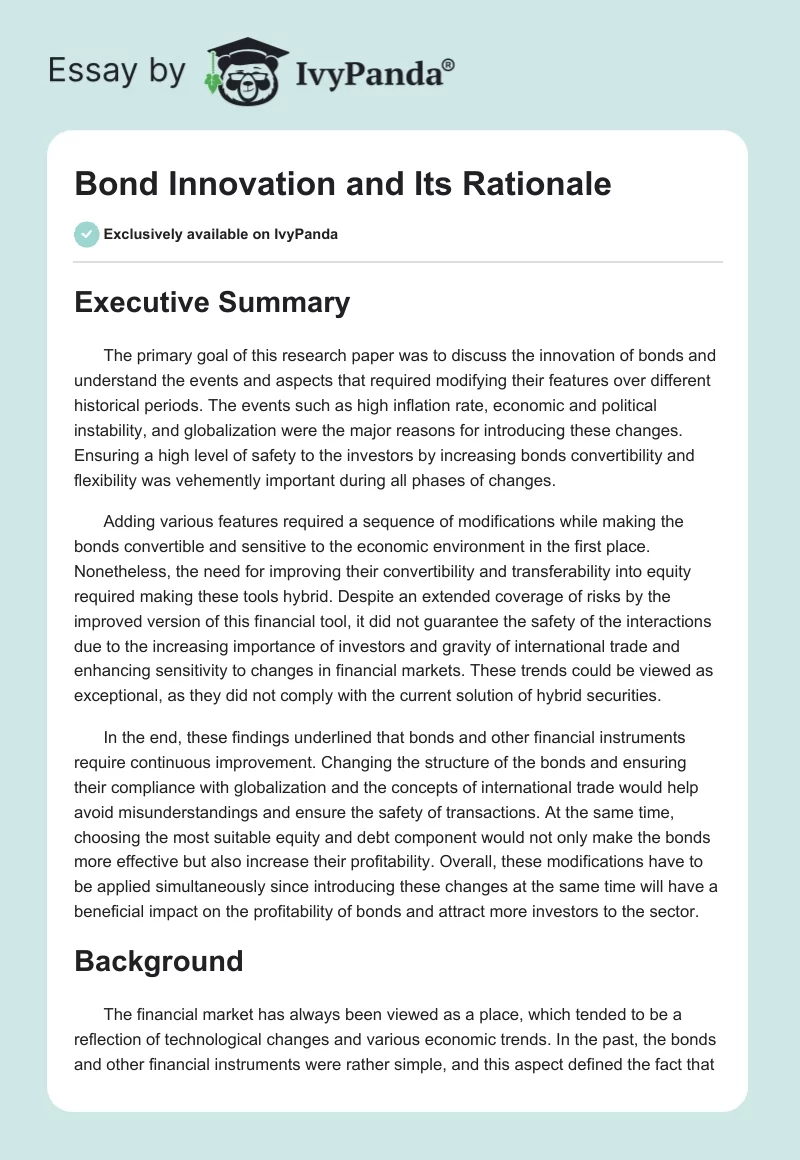 Bond Innovation and Its Rationale. Page 1