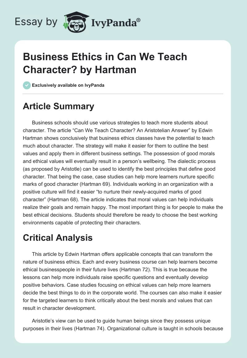 Business Ethics in Can We Teach Character? by Hartman. Page 1