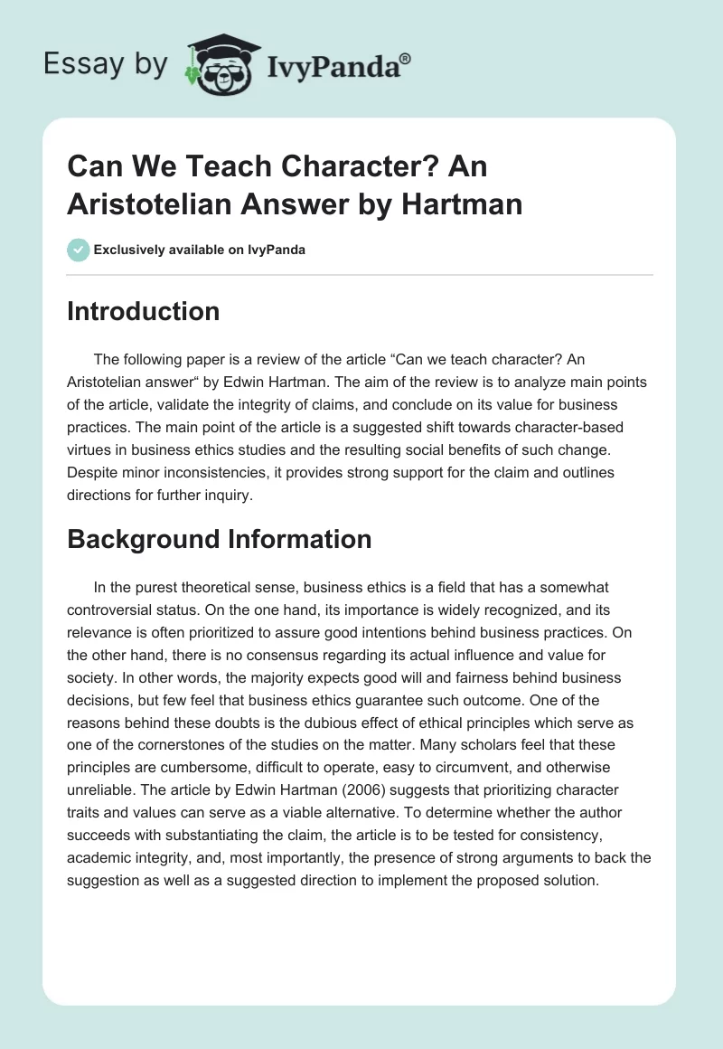 Can We Teach Character? An Aristotelian Answer by Hartman. Page 1