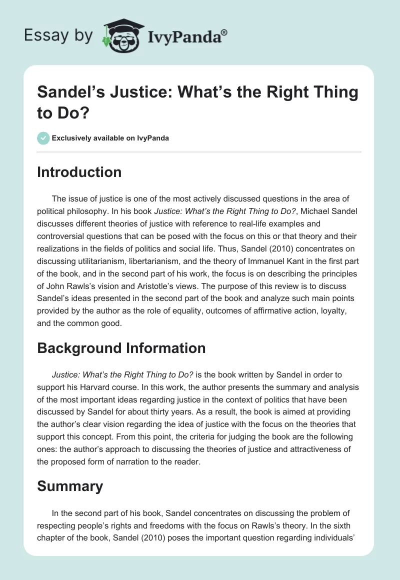 Sandel’s "Justice: What’s the Right Thing to Do?". Page 1