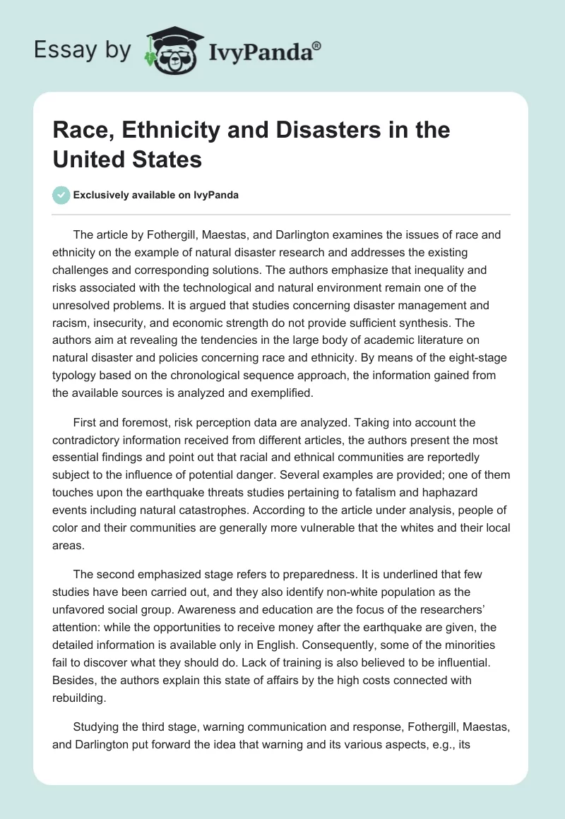 Race, Ethnicity and Disasters in the United States. Page 1