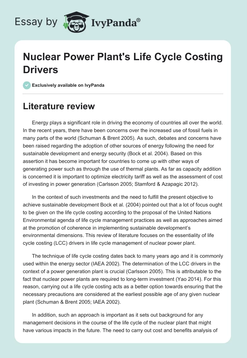 Nuclear Power Plant's Life Cycle Costing Drivers. Page 1