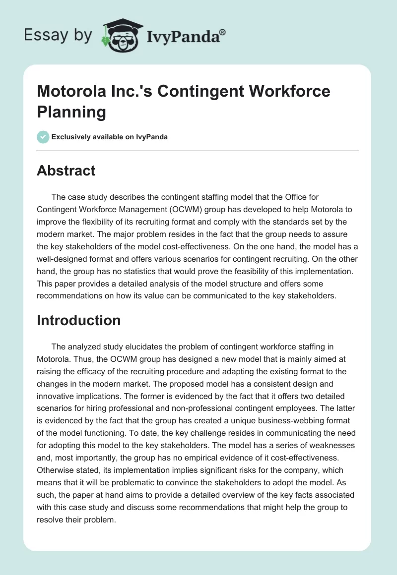 Motorola Inc.'s Contingent Workforce Planning. Page 1