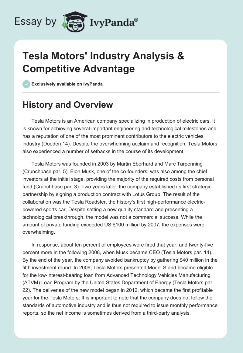 Tesla Motors' Industry Analysis & Competitive Advantage. Page 1