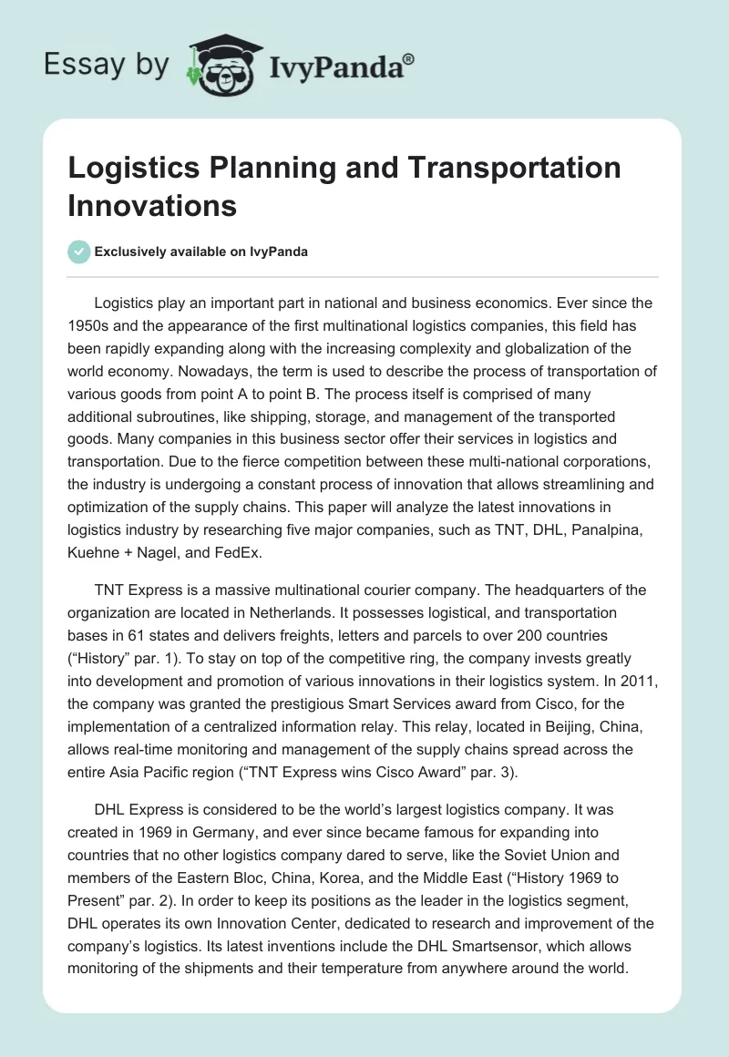 Logistics Planning and Transportation Innovations. Page 1