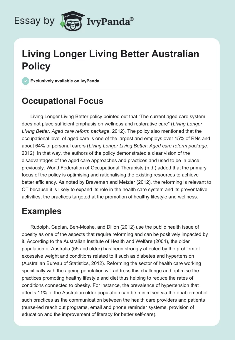 Living Longer Living Better Australian Policy. Page 1