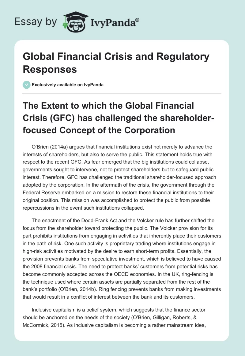 Global Financial Crisis and Regulatory Responses. Page 1