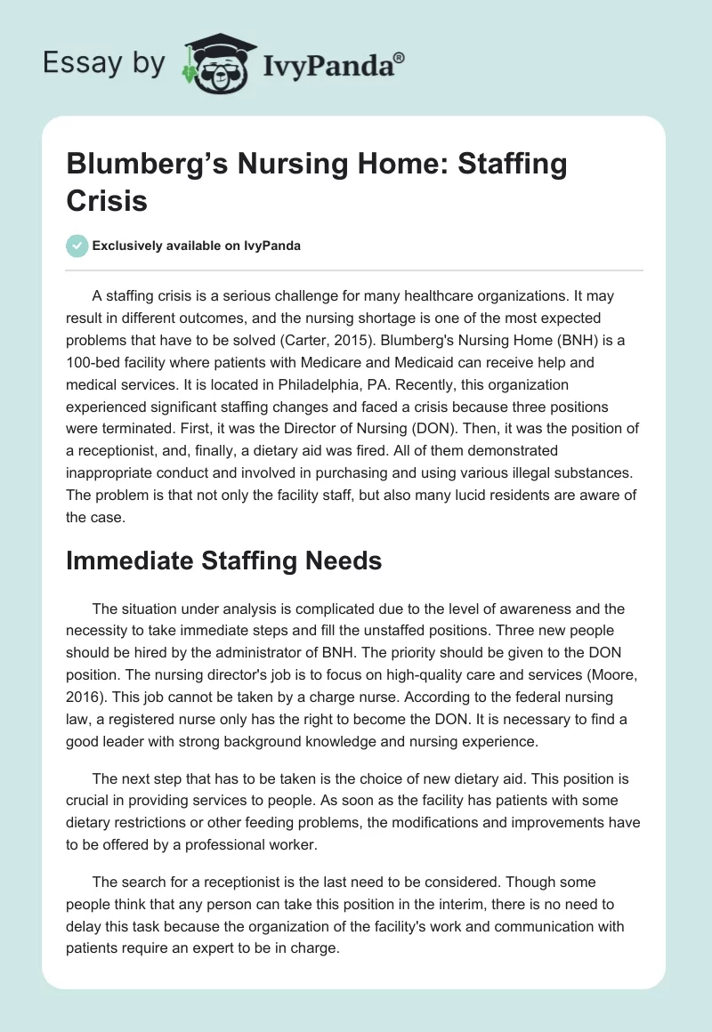 Blumberg’s Nursing Home: Staffing Crisis. Page 1
