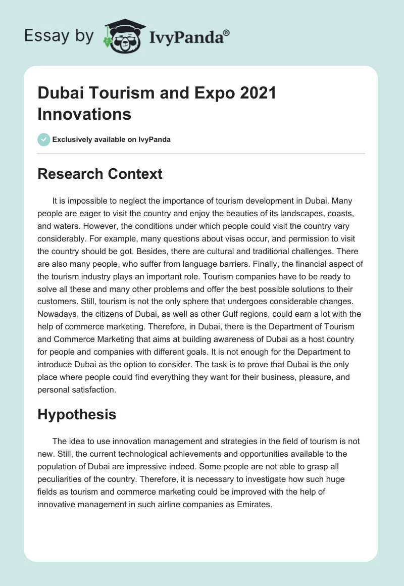 Dubai Tourism and Expo 2021 Innovations. Page 1