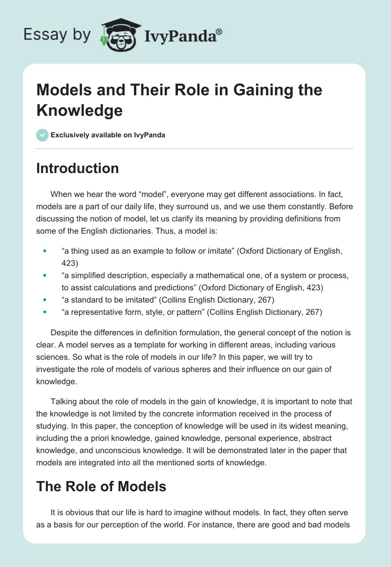 Models and Their Role in Gaining the Knowledge. Page 1