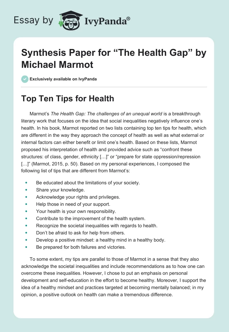 Synthesis Paper for “The Health Gap” by Michael Marmot. Page 1