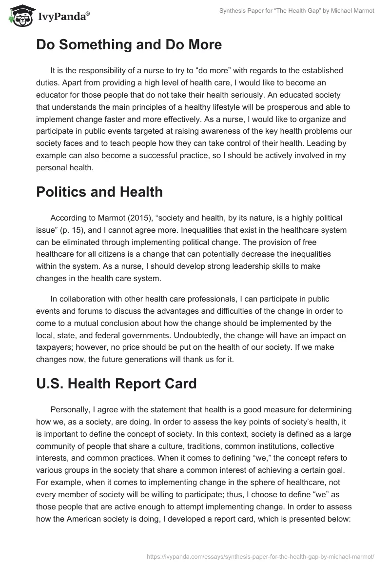 Synthesis Paper for “The Health Gap” by Michael Marmot. Page 2