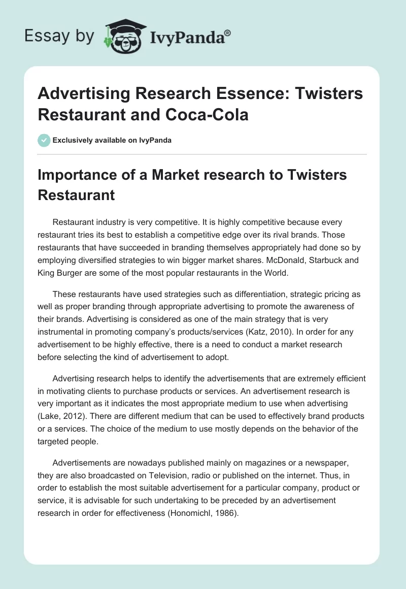 Advertising Research Essence: Twisters Restaurant and Coca-Cola. Page 1