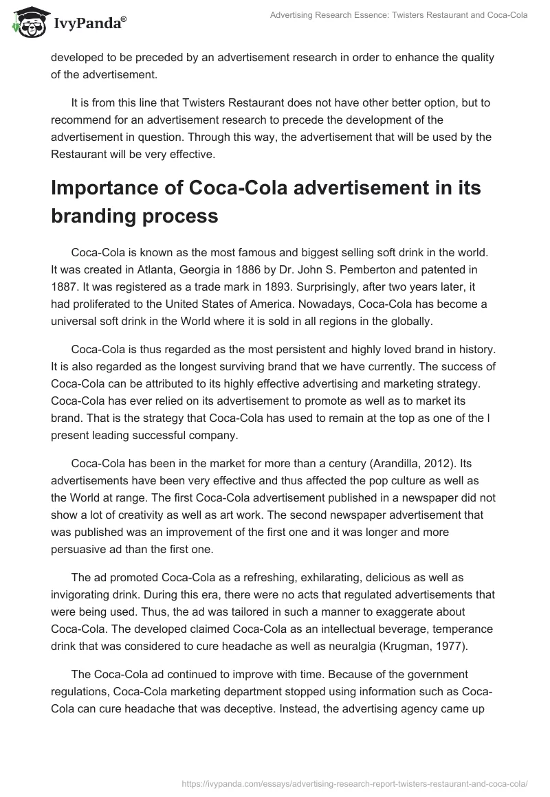 Advertising Research Essence: Twisters Restaurant and Coca-Cola. Page 4
