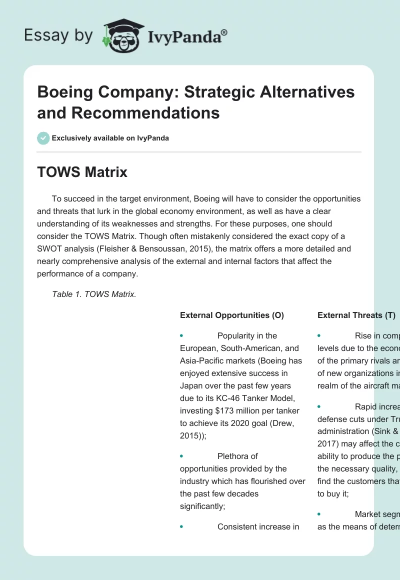 Boeing Company: Strategic Alternatives and Recommendations. Page 1