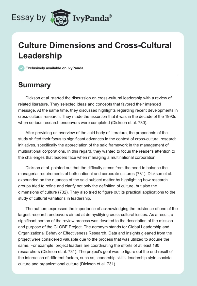Culture Dimensions and Cross-Cultural Leadership. Page 1
