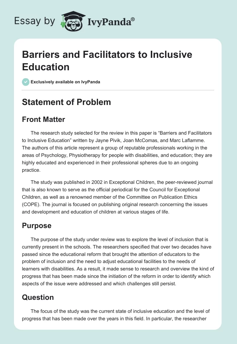 Barriers and Facilitators to Inclusive Education. Page 1