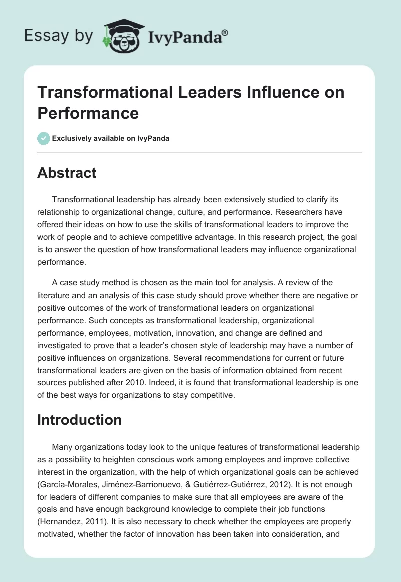 Transformational Leaders Influence on Performance. Page 1