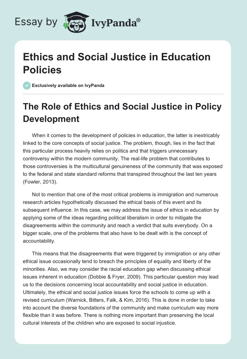 Ethics and Social Justice in Education Policies. Page 1