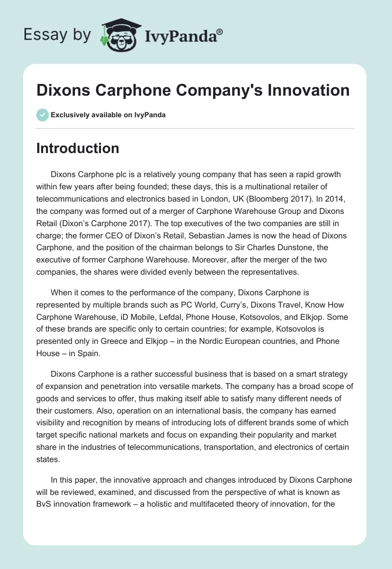 Dixons Carphone Company's Innovation. Page 1
