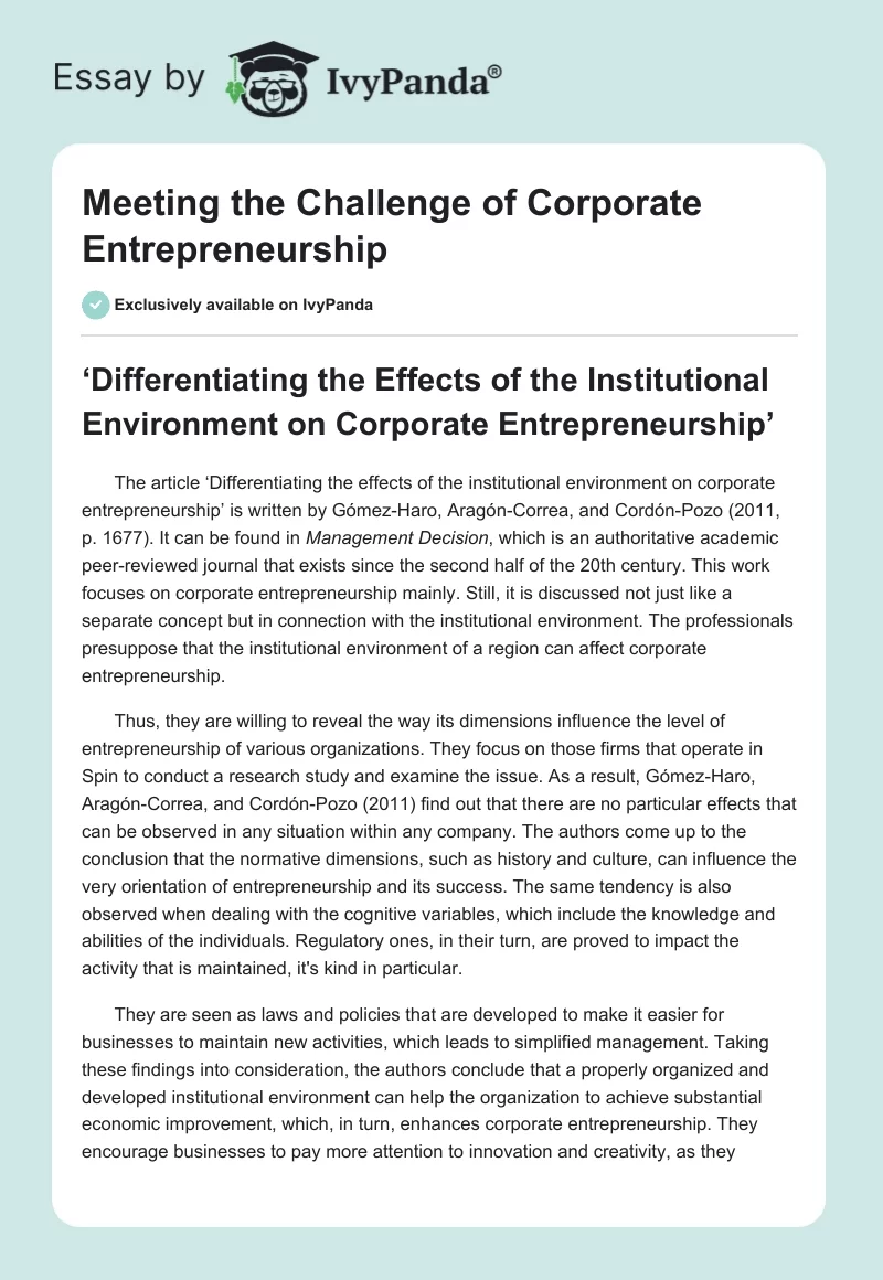 Meeting the Challenge of Corporate Entrepreneurship. Page 1