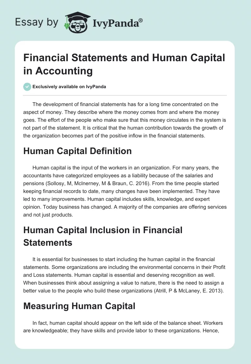 Financial Statements and Human Capital in Accounting. Page 1