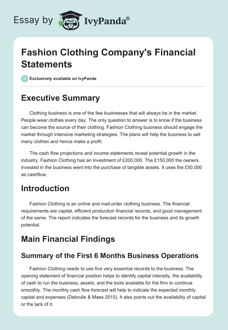 Fashion Clothing Company's Financial Statements. Page 1