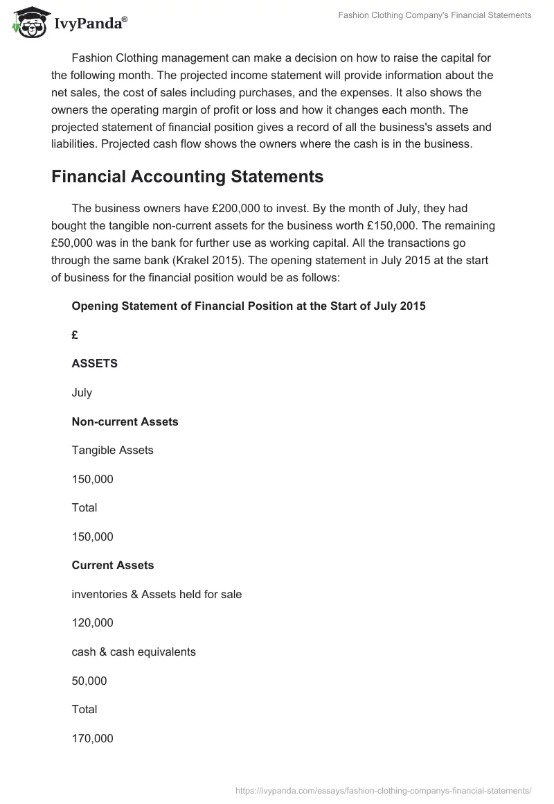 Fashion Clothing Company's Financial Statements. Page 2