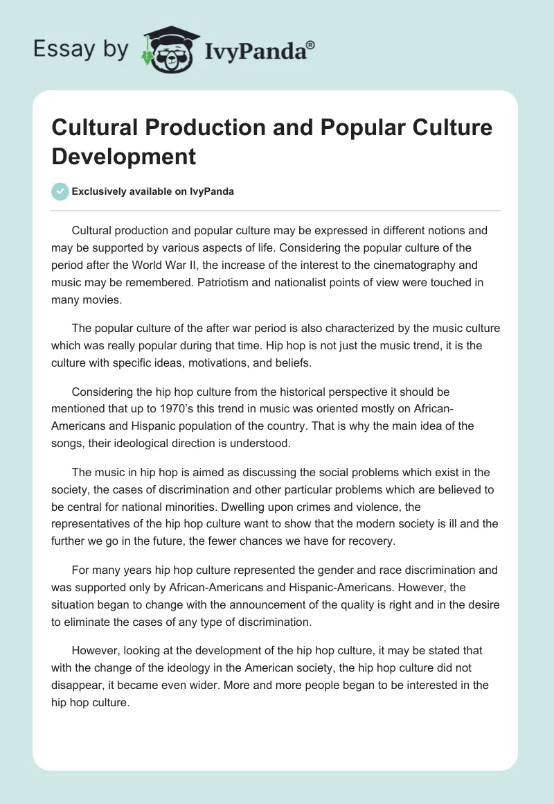 Cultural Production and Popular Culture Development. Page 1