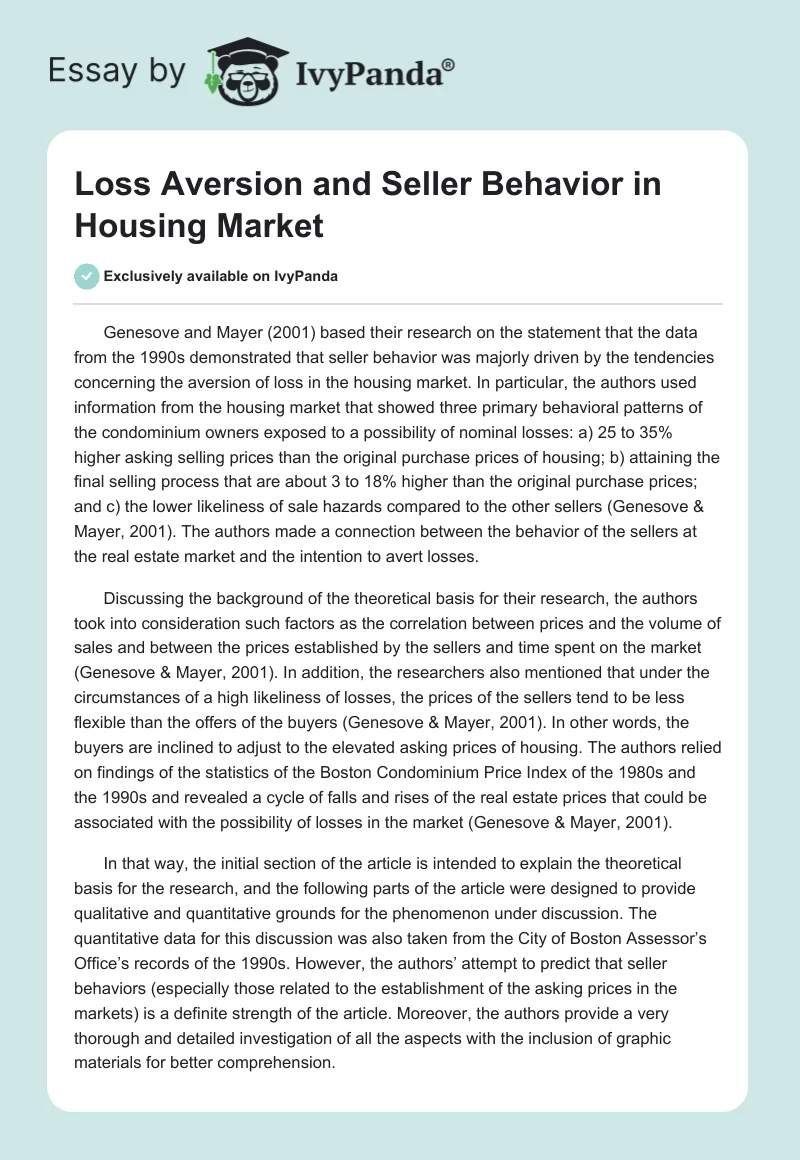 Loss Aversion and Seller Behavior in Housing Market. Page 1