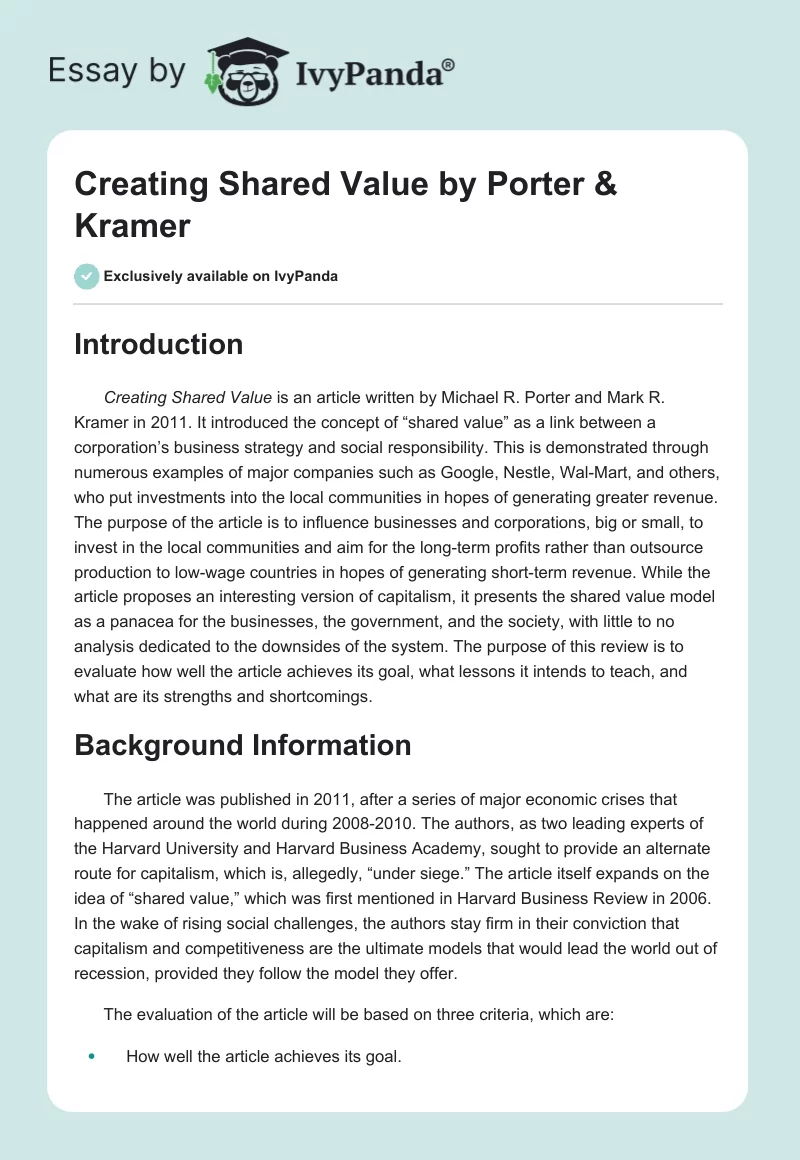 "Creating Shared Value" by Porter & Kramer. Page 1