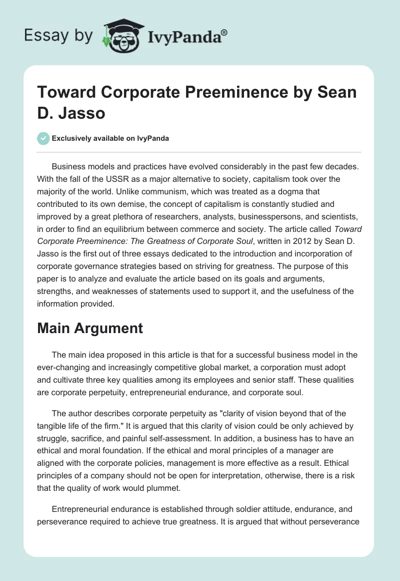 "Toward Corporate Preeminence" by Sean D. Jasso. Page 1