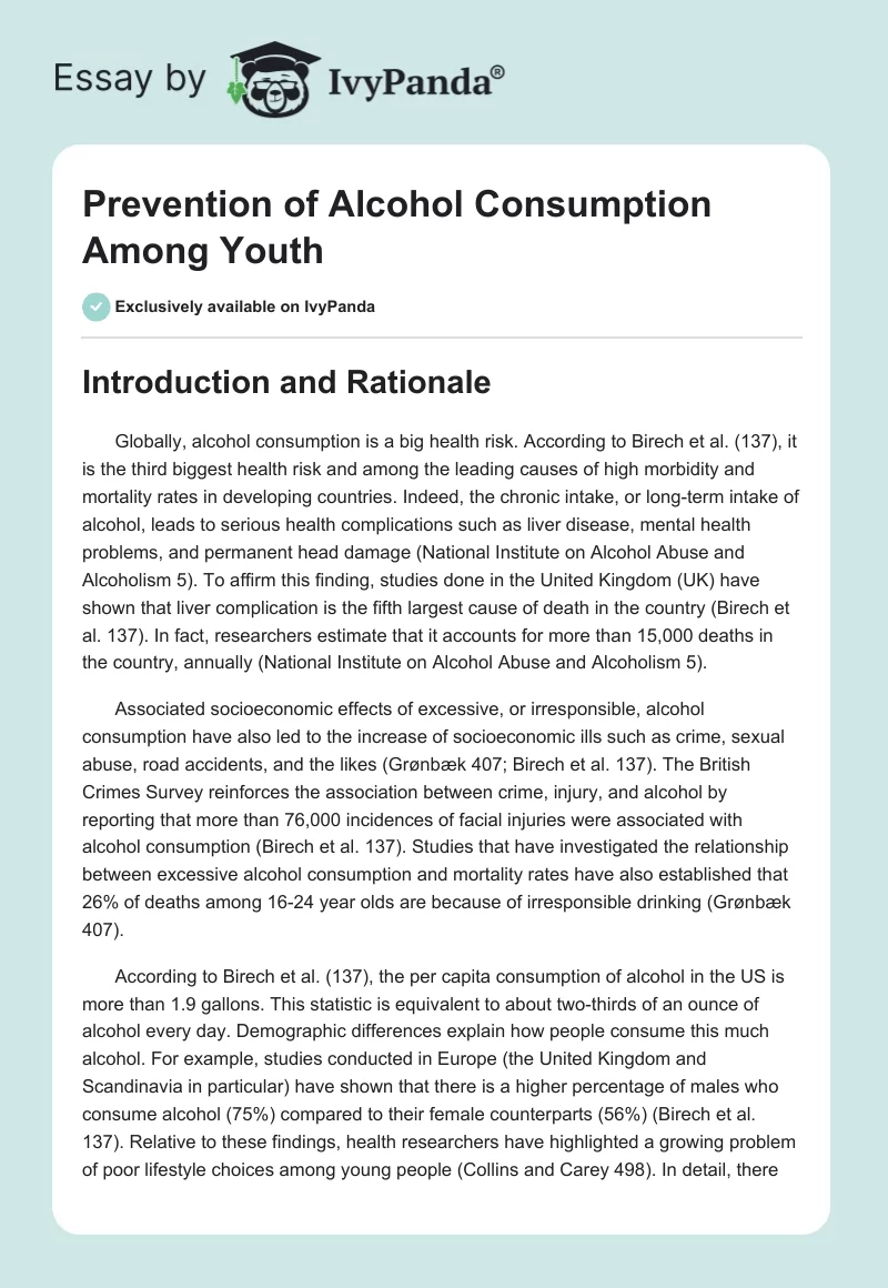 Prevention of Alcohol Consumption Among Youth. Page 1