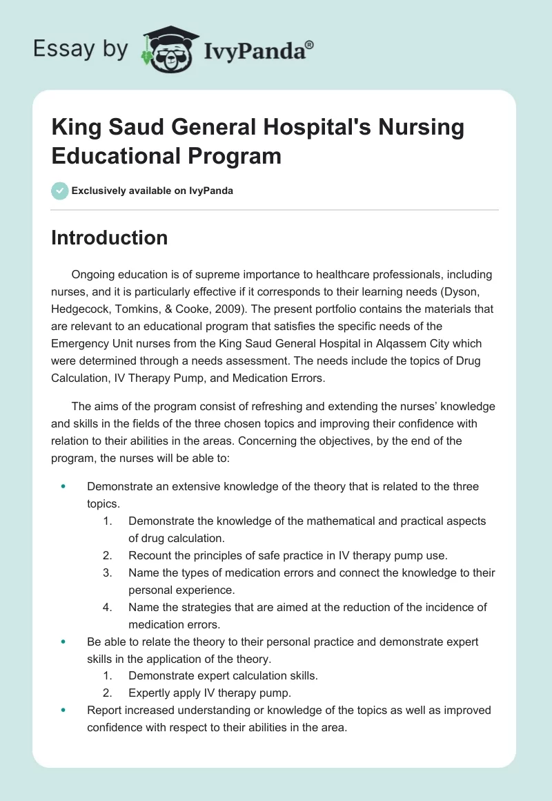 King Saud General Hospital's Nursing Educational Program. Page 1