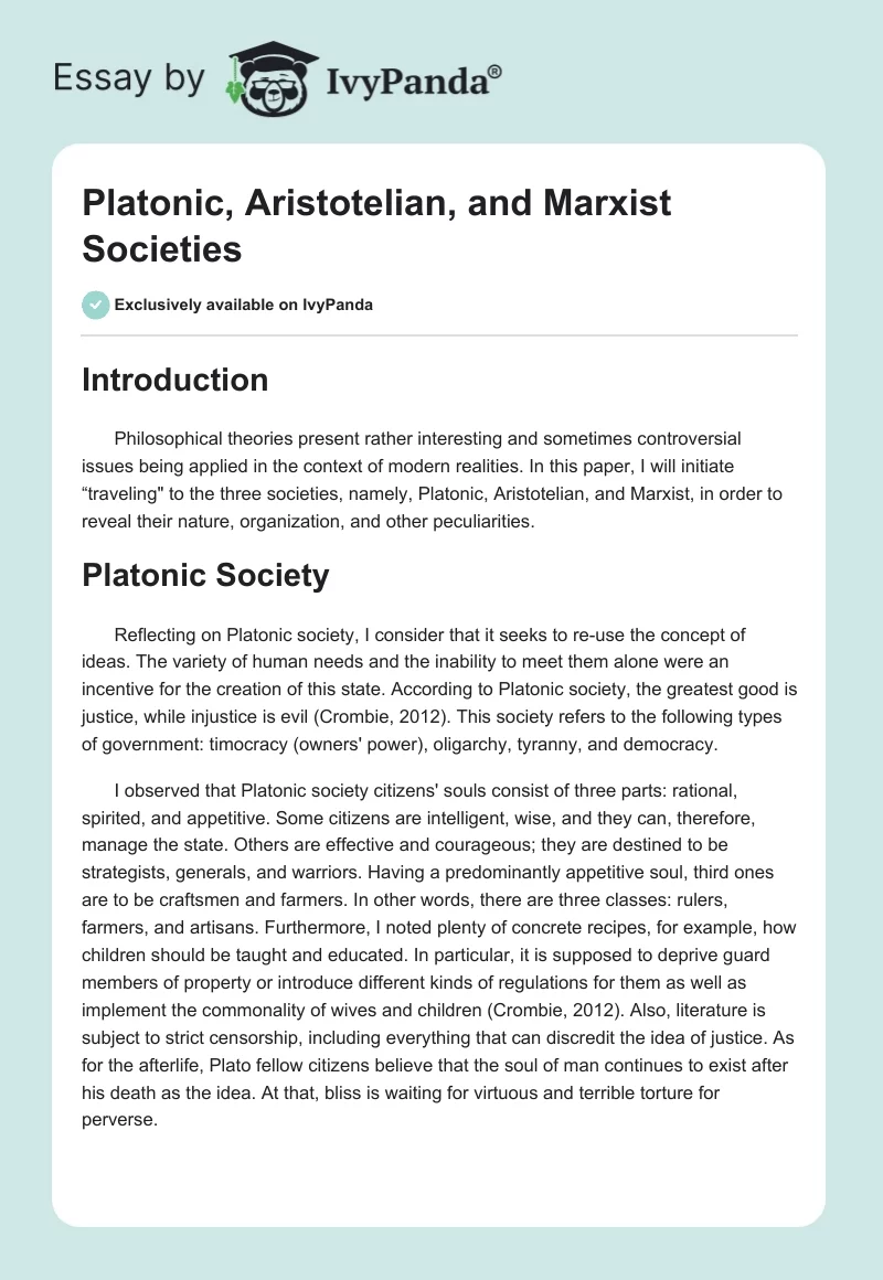 Platonic, Aristotelian, and Marxist Societies. Page 1