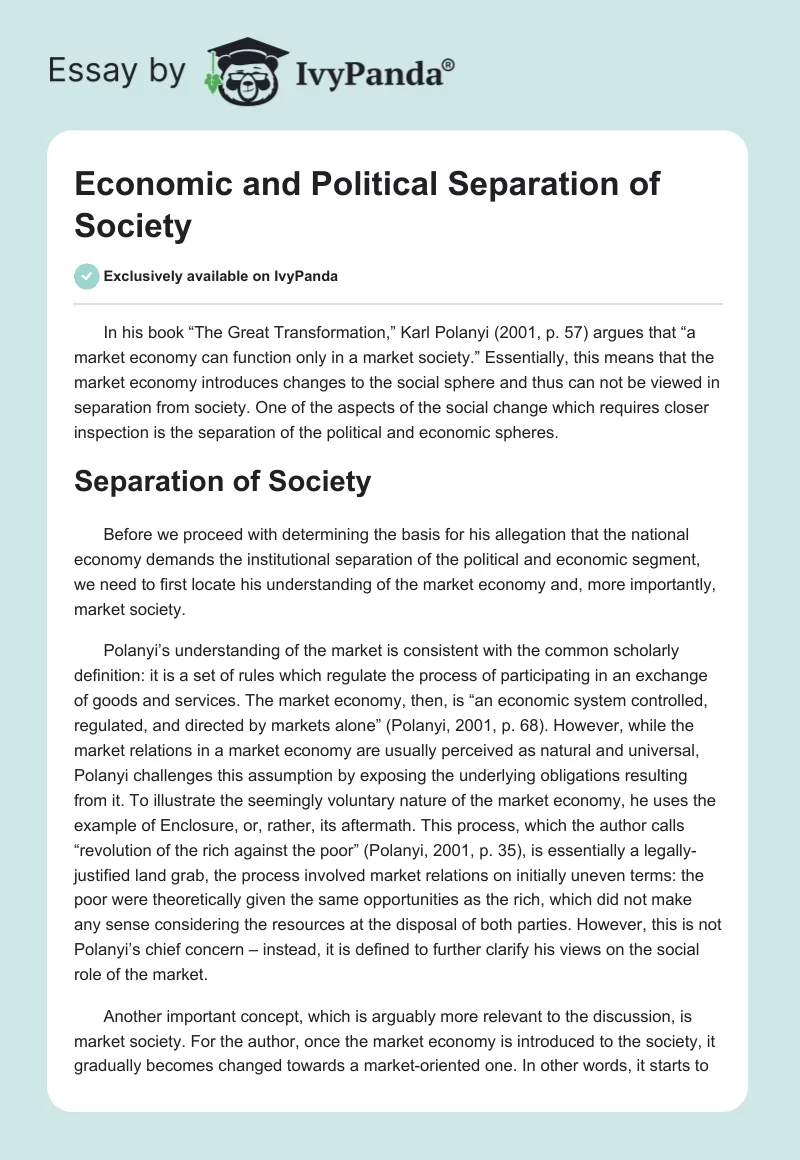 Market Economy and Society: Polanyi's Analysis. Page 1