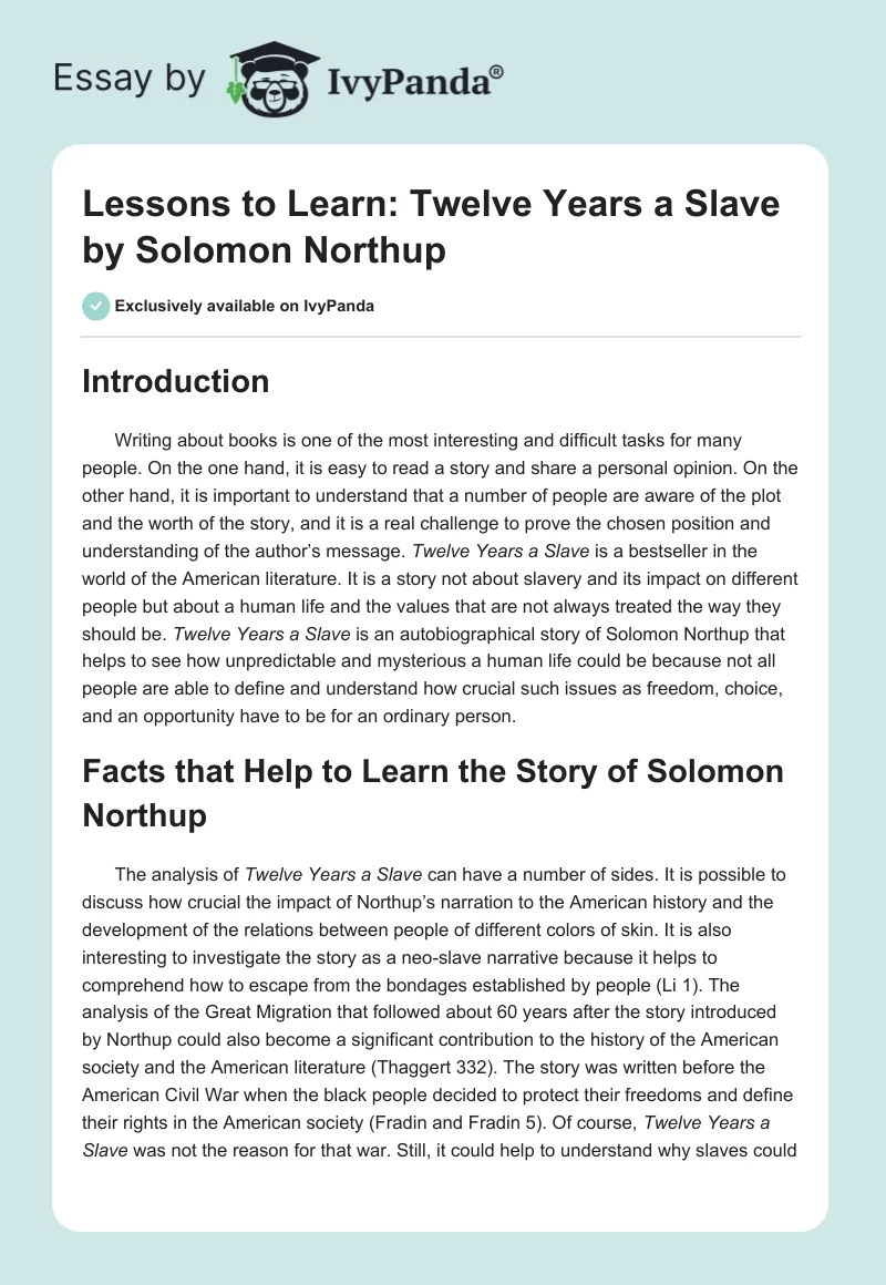 Lessons to Learn: "Twelve Years a Slave" by Solomon Northup. Page 1