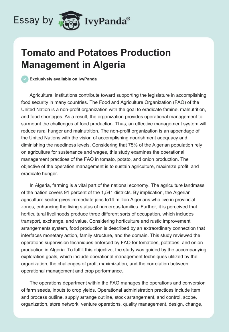 Tomato and Potatoes Production Management in Algeria. Page 1