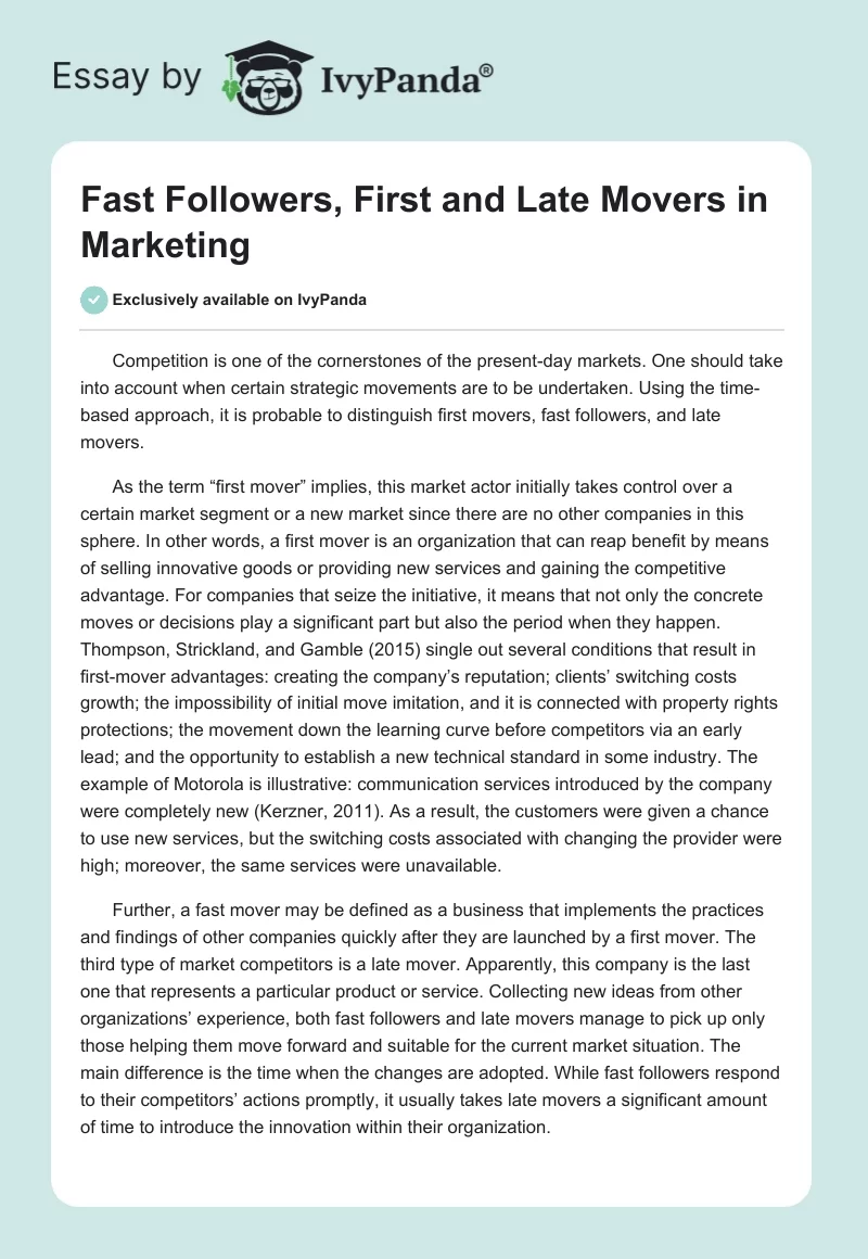 Fast Followers, First and Late Movers in Marketing. Page 1